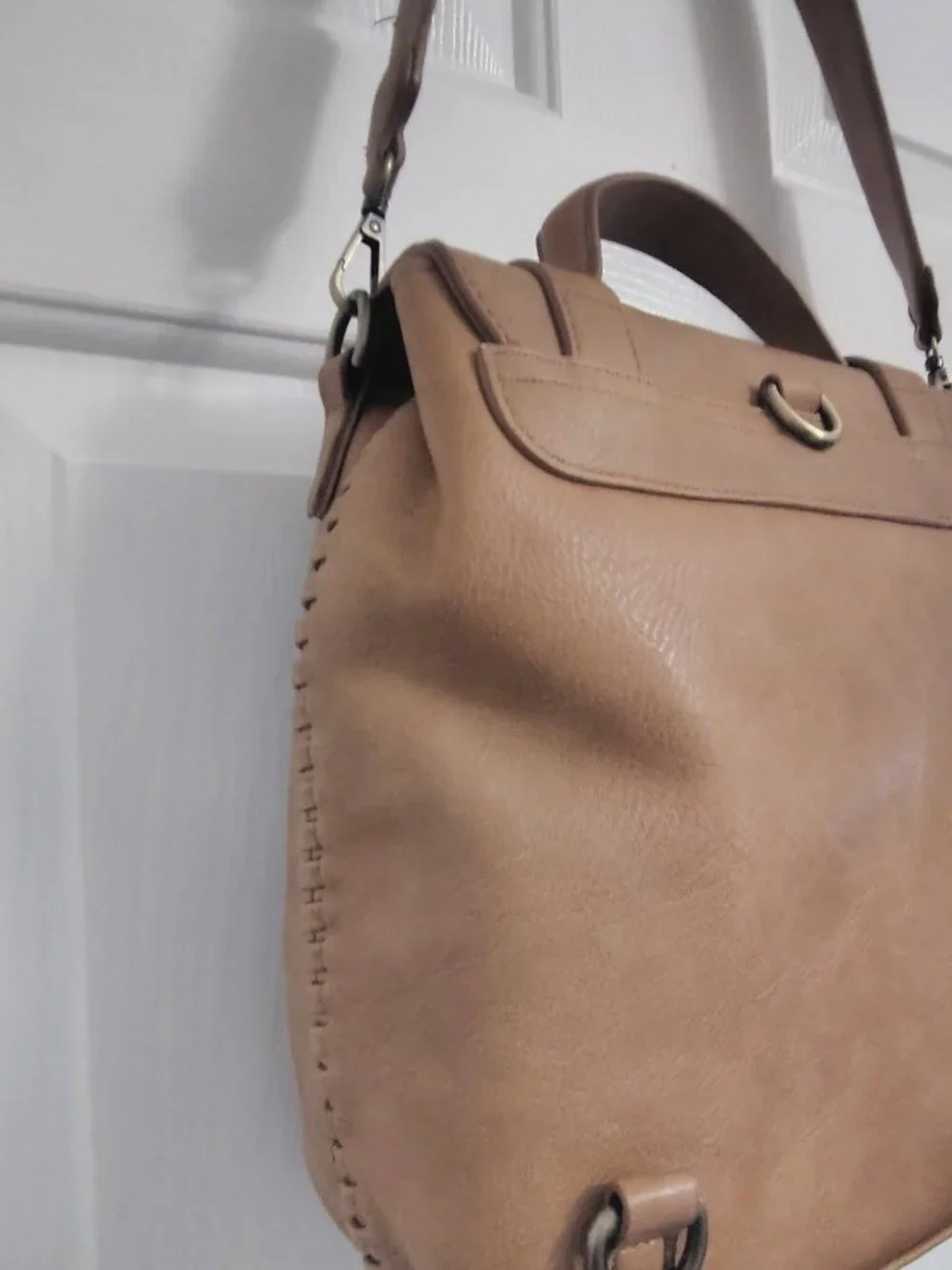 Antik Kraft Tan Satchel Crossbody Bag Whipstitch Convertible Tote